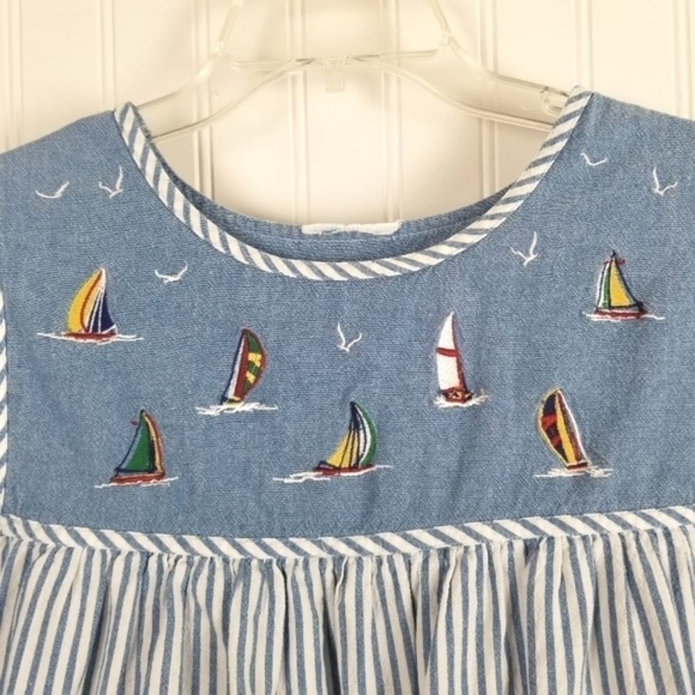 Striped Sailboat Embroidered Short Sleeve Light Denim Dress Summer Nautical S/XS - Picture 4 of 14